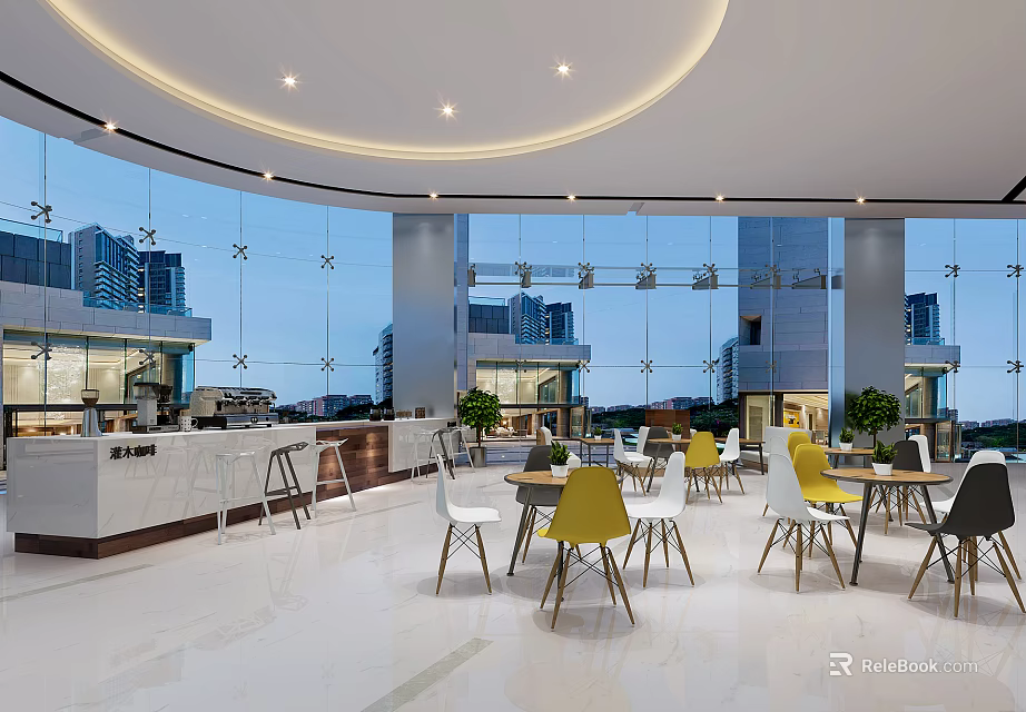 Modern Café Interior With Large Glass Windows City View White Bar Colorful Chairs Green Plants 3d model 