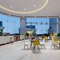 Modern Café Interior With Large Glass Windows City View White Bar Colorful Chairs Green Plants