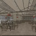 Traditional Restaurant Interior With Wooden Ceiling Stone Pillars Round Tables And Red Lantern Pendant Lights