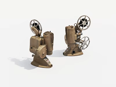 Two Classic Vintage Film Projectors With Retro Metal Design And Film Reels 3d model