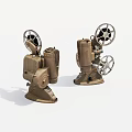 Two Classic Vintage Film Projectors With Retro Metal Design And Film Reels