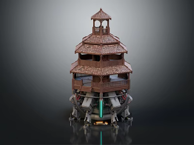 Cartoon Scene Featuring Wooden Tiered Tower With Balconies And Mechanical Base Green Light Beam 3d model