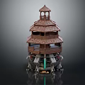 Cartoon Scene Featuring Wooden Tiered Tower With Balconies And Mechanical Base Green Light Beam