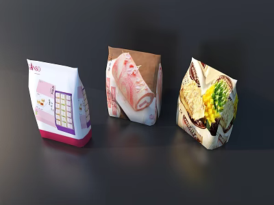 Assorted Packaged Food Snacks Including Sandwiches Wraps and Fresh Ingredients in Colorful Bags 3d model