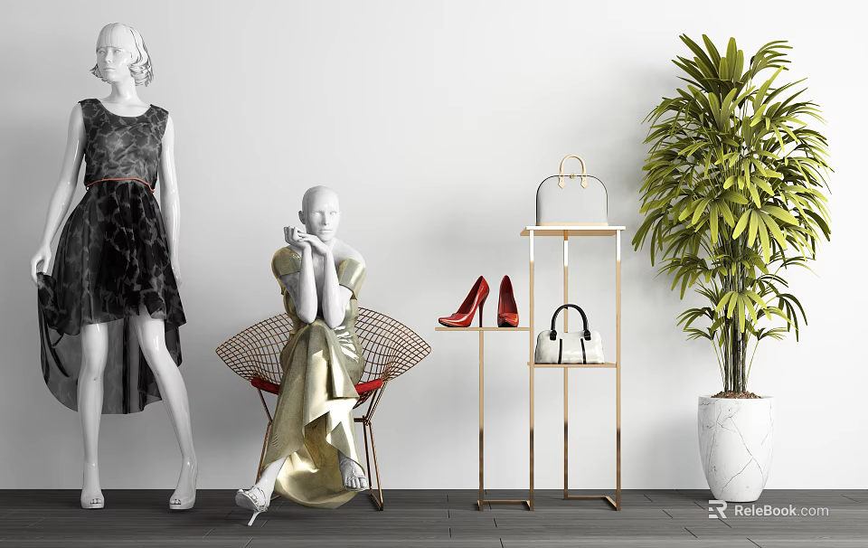 Stylish Mannequins Wearing Black Gold Dresses With Red Heels Handbag Display Stand Green Plant 3d model 