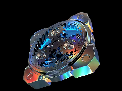 Art Installation With Intricate Gears Metallic Circular Design Iridescent Glow And Hexagonal Elements 3d model