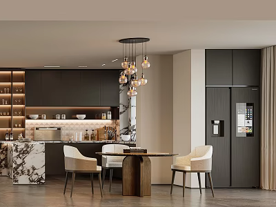 Modern Dining Room Interior With Black Cabinets Marble Island Chandelier And Dining Table Chairs 3d model