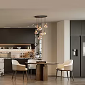 Modern Dining Room Interior With Black Cabinets Marble Island Chandelier And Dining Table Chairs