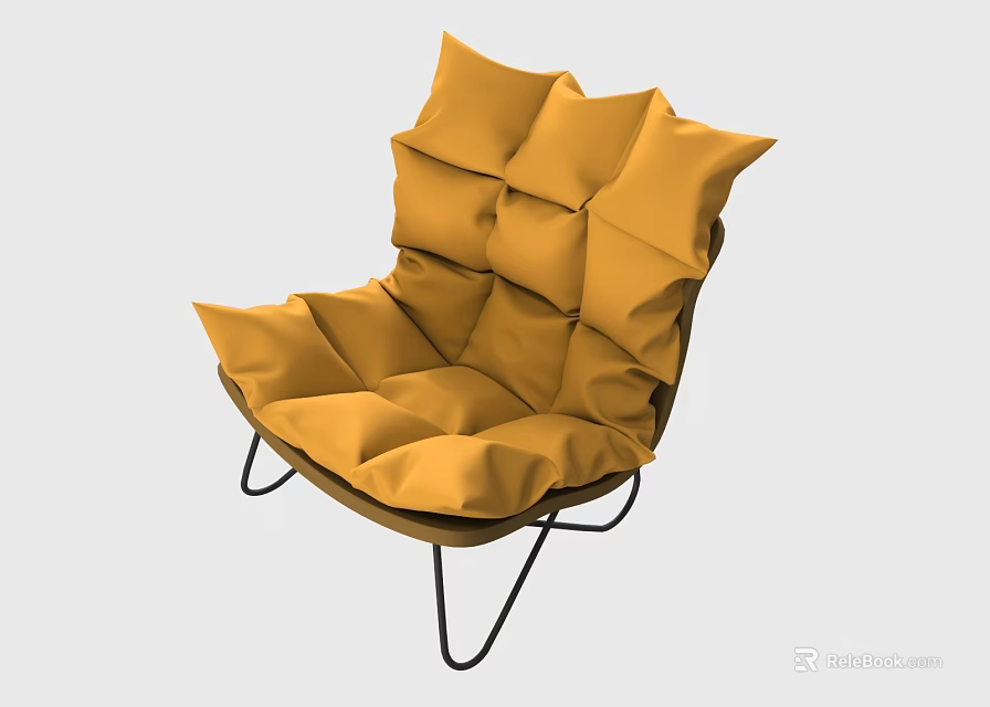 Cozy Yellow Leisure Chair With Padded Quilted Cushions And Black Metal Frame 3d model 