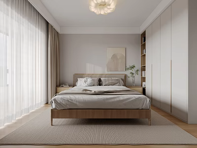 Modern Bedroom Interior With Wooden Bed Light Curtains White Wardrobes And Soft Rug 3d model