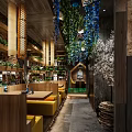 Traditional Restaurant Interior With Wooden Ceiling Hanging Lamps Green Plants And Wooden Tables