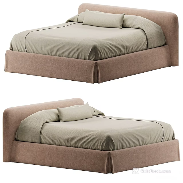 Modern Double Bed With Upholstered Frame Soft Green Bedding And Pillows 3d model 