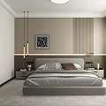 Modern Minimalist Bedroom Interior With Gray Bed Nightstands Pendant Lights And Artwork
