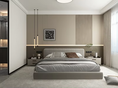 Modern Minimalist Bedroom Interior With Gray Bed Nightstands Pendant Lights And Artwork 3d model