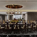 Classic Chinese Style Private Dining Box Interior With Large Table Chairs And Chandeliers 3d model