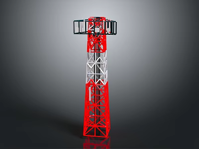 Red and White Steel Frame Communication Tower with Top Platform and Railings 3d model