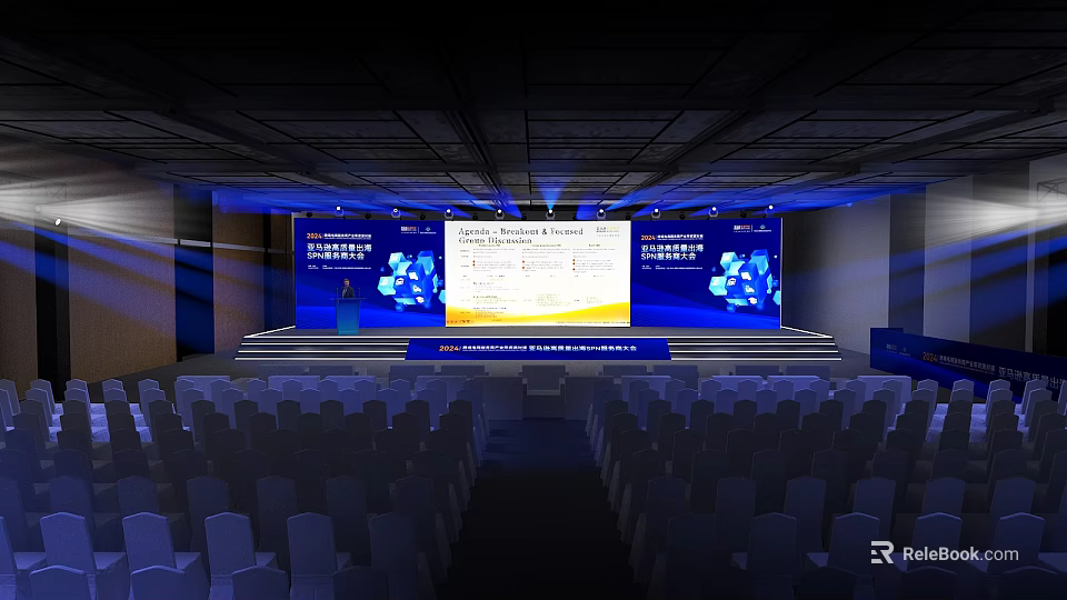 Contemporary Conference Stage With Large Screen Podium Blue Backdrop And Audience Seats 3d model 