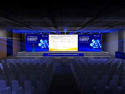 Contemporary Conference Stage With Large Screen Podium Blue Backdrop And Audience Seats 3d model