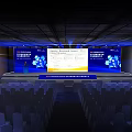 Contemporary Conference Stage With Large Screen Podium Blue Backdrop And Audience Seats