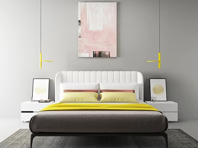 Modern Double Bed With White Headboard Yellow Bedspread Nightstands Abstract Painting And Pendant Lights 3d model