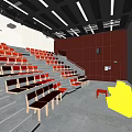 Staircase Conference Room With Red Black Seats Yellow Front Chairs And Red Walls