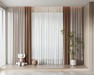 Modern Layered Curtains With Sheer Panels For Interior Window And Potted Plant 3d model