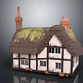 Cartoon House With Thatch Roof Moss Brick Chimneys White Walls Black Windows And Clay Pots