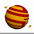 Colorful Cosmic Planet With Red Yellow Stripes And Orbiting Particles