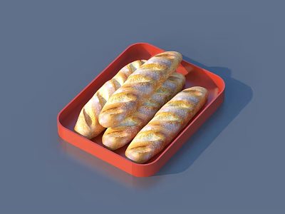 Fresh Golden Striped Baguettes Arranged In Red Rectangular Tray 3d model