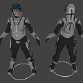 Woman In Futuristic Black And White Tactical Suit With Helmet And Armor