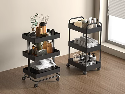 Black Wheeled Multi tier Storage Shelves with Towel Toiletries and Green Plant 3d model