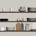 Minimalist Tableware Set Arranged on Wooden Shelves with Plates Cups and Bowls