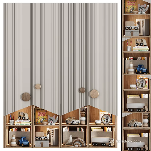 Modern Wooden Bookcase with Toy Cars Books and Decorative Items Against Striped Wallpaper 3d model 