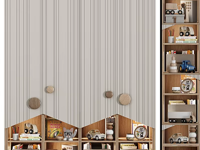 Modern Wooden Bookcase with Toy Cars Books and Decorative Items Against Striped Wallpaper 3d model