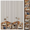 Modern Wooden Bookcase with Toy Cars Books and Decorative Items Against Striped Wallpaper