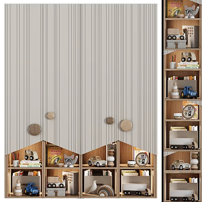 Modern Wooden Bookcase with Toy Cars Books and Decorative Items Against Striped Wallpaper 3d model