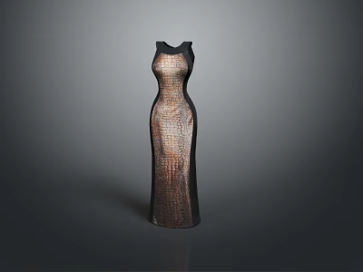 Elegant Sleeveless Long Dress With Patterned Brown Black Design And Fitted Silhouette 3d model