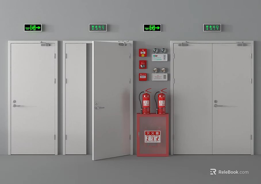 Fire Safety Equipment With Open Fire Doors Fire Extinguishers Control Panels And Exit Signs 3d model 