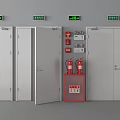 Fire Safety Equipment With Open Fire Doors Fire Extinguishers Control Panels And Exit Signs