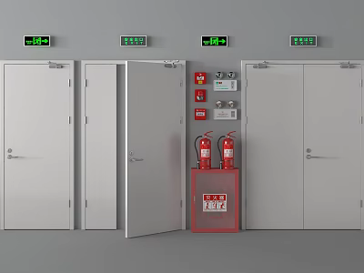 Fire Safety Equipment With Open Fire Doors Fire Extinguishers Control Panels And Exit Signs 3d model