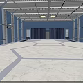 Spacious Industrial Interior With Blue Walls Metal Frame Ceiling Beams And Geometric Floor Pattern