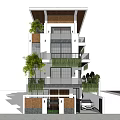 Modern Detached Villa Exterior With Glass Windows Balconies Green Plants And Car At Entrance