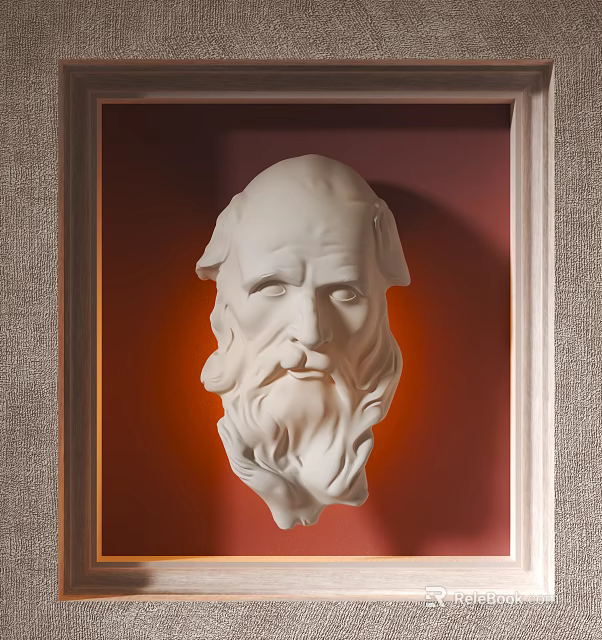 Wall Decoration White Sculpted Head in Brown Frame with Red Background and Gray Wall Texture 3d model 