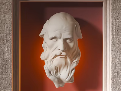 Wall Decoration White Sculpted Head in Brown Frame with Red Background and Gray Wall Texture 3d model