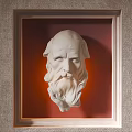 Wall Decoration White Sculpted Head in Brown Frame with Red Background and Gray Wall Texture
