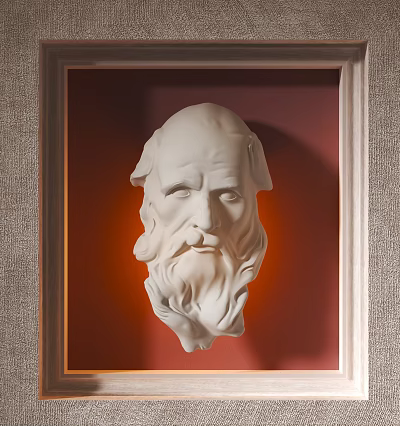 Wall Decoration White Sculpted Head in Brown Frame with Red Background and Gray Wall Texture 3d model
