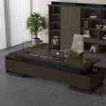 Wooden Office Desk with Laptop Small Potted Plant White Chair Bookshelf Window Blinds Modern Office
