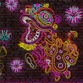 Colorful Decorative Lights Featuring Lion Dance Figures Neon Lanterns Firecrackers And Patterns On Brick Wall