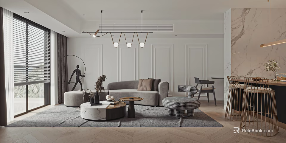 Modern Living Room Interior With Gray Sofa Round Coffee Table Gray Rug And Pendant Lights 3d model 