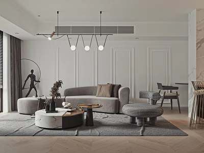 Modern Living Room Interior With Gray Sofa Round Coffee Table Gray Rug And Pendant Lights 3d model